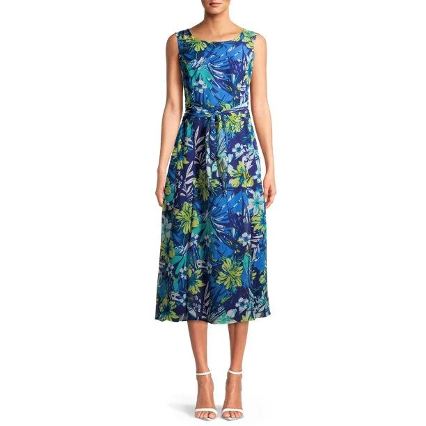 ladies-flared-dress-photo-petal-Evan Picone Ruched Belted Floral Chiffon Overlay Fit & Flare Midi Dress