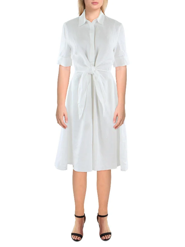 Women's shirt dress twirl chic -Womens Linen Front Tie Shirtdress