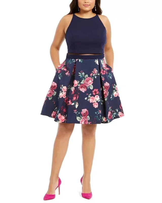 ladies-flared-dress-picnic-poise-B Darlin Women's Trendy Plus Size Illusion Floral-Print Fit & Flare Dress Navy Size 20 | Blue