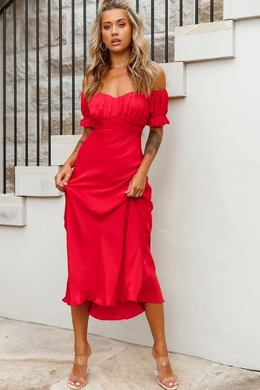 ladies-midi-dress-sage-sweep-Linka Off-Shoulder Tie Back Midi Dress Red