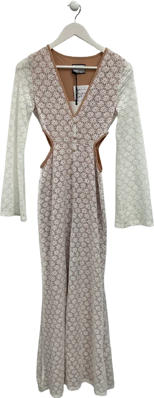 ladies-flared-dress-edgy-ember-RNWY White Side Cut Out Lace Maxi Dress With Flared Sleeves UK S