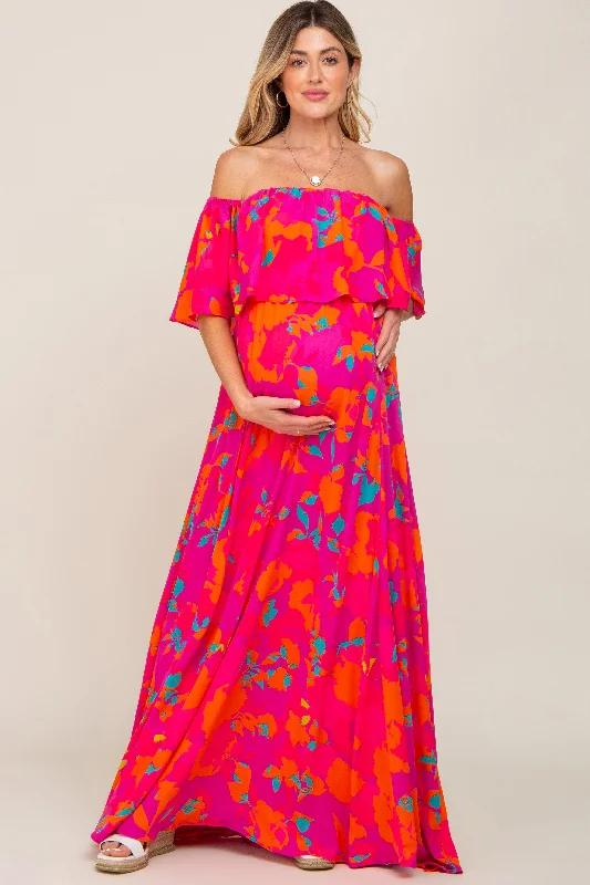 Women's maxi dress gleam flair -Fuchsia Floral Strapless Flounce Maternity Maxi Dress