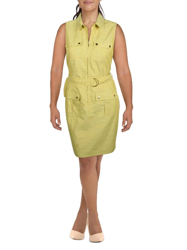 Women's shirt dress fam chic -Womens Zip-Front Sleeveless Shirtdress