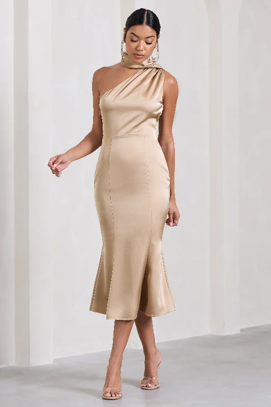 ladies-flared-dress-budget-bliss-Golden Girl | Champagne Satin One Shoulder High-Neck Flared Midi Dress