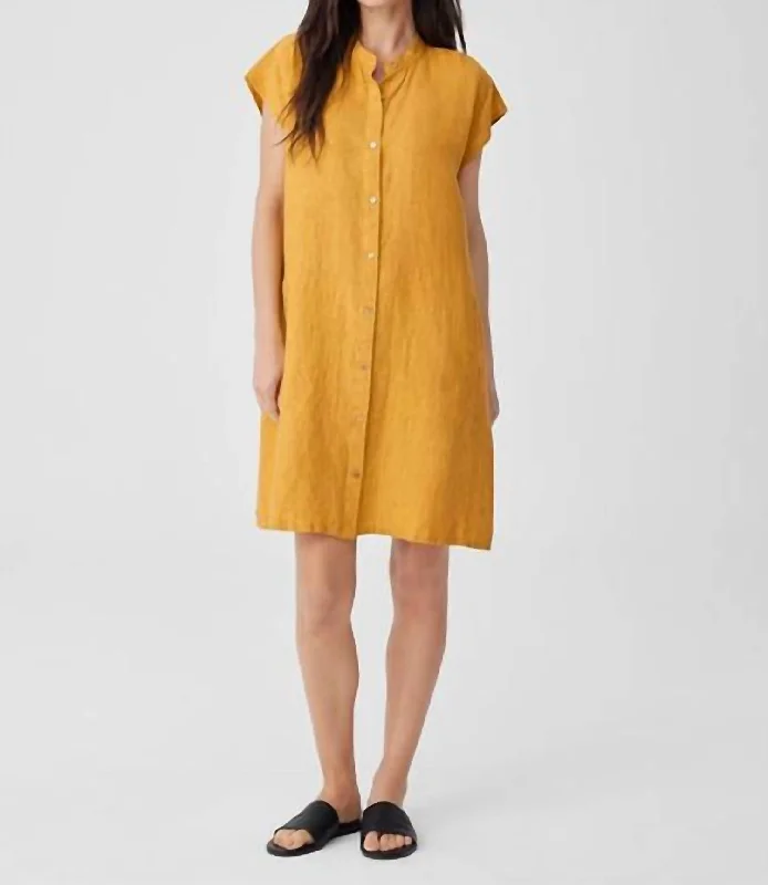 Women's shirt dress pure glow -Washed Organic Linen Delave Shirtdress In Marigold