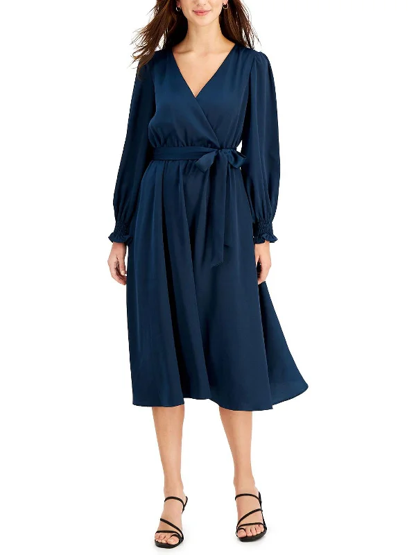 ladies-midi-dress-statement-sweep-Womens Satin Long Sleeves Midi Dress