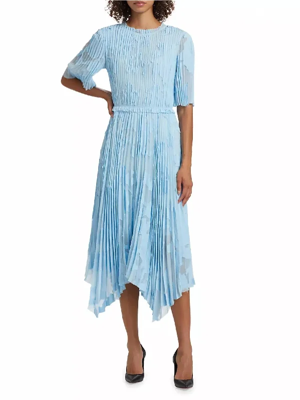 ladies-flared-dress-linen-lush-Pleated Floral Fil Coupe Fit And Flare Midi Dress In Skyblue