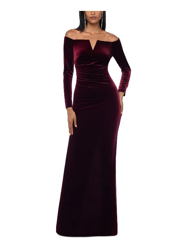 Women's maxi dress chat pop -Womens Velvet Off-The-Shoulder Maxi Dress