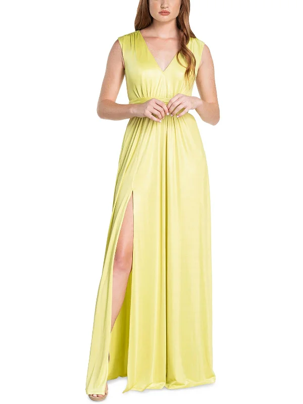 ladies-flared-dress-gold-glow-Krista Womens Belted Plunging Fit & Flare Dress