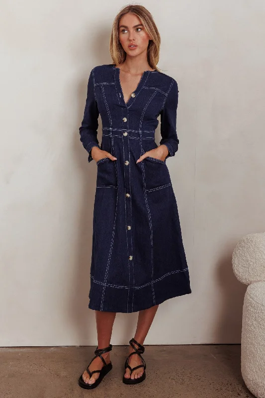 ladies-midi-dress-petite-prance-Aspen Love Front Pocket Long Sleeve Midi Dress Indigo