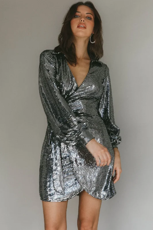 Women's shirt dress snow flair -Ruma Faux Wrap Shirt Dress Sequin Metal