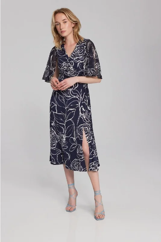 ladies-flared-dress-flirty-fawn-Joseph Ribkoff Midnight Blue/Vanilla Floral Print Midi Fit & Flare Dress 241764