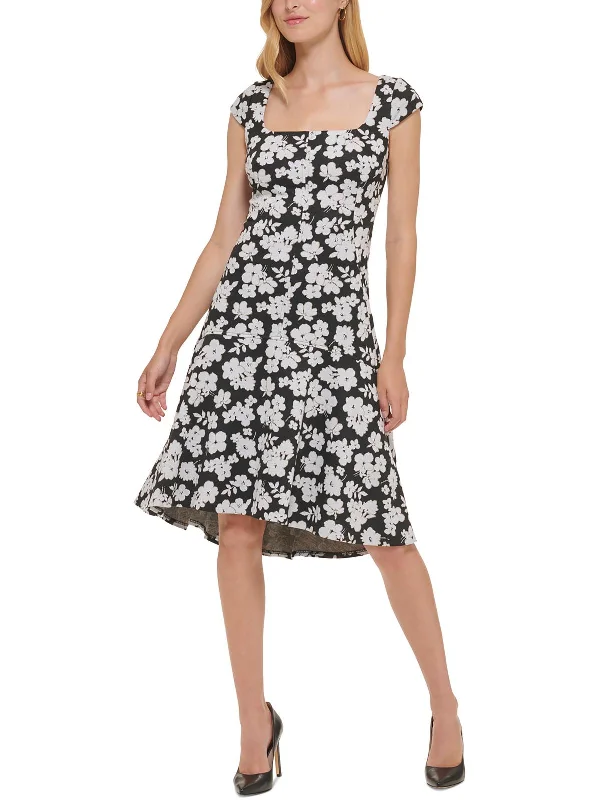 ladies-flared-dress-wedding-whimsy-Womens Floral Print Knit Fit & Flare Dress