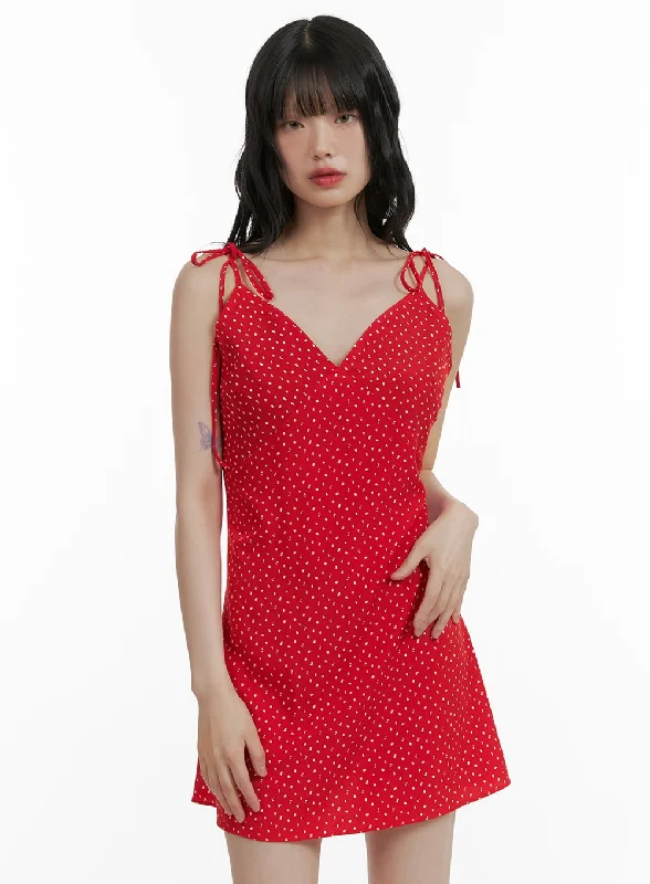 Women's mini dress tame flair -Ribbon Strap Polka Dot Mini Dress CU410