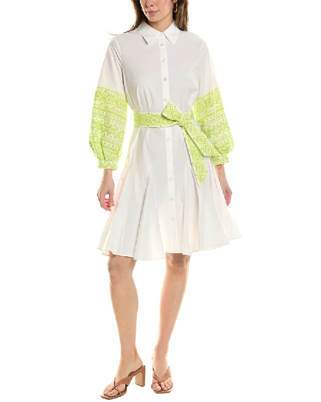 Women's shirt dress wide pop -Teri Jon by Rickie Freeman Embroidered Shirtdress