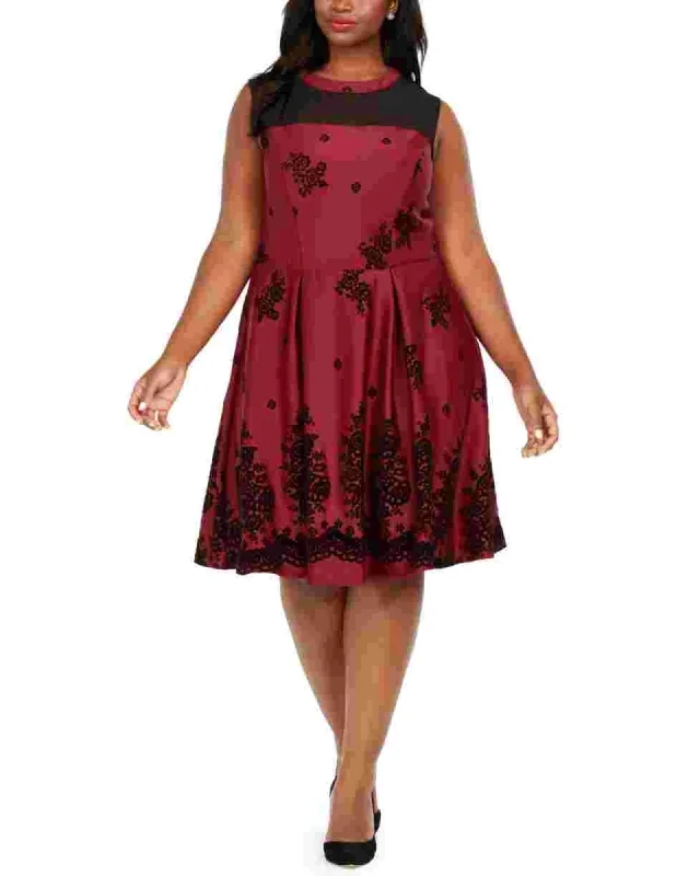 ladies-flared-dress-curvy-chic-Love Squared Women's Trendy Plus Size Flocked-Velvet Fit & Flare Dress Purple Size 1X | Purple