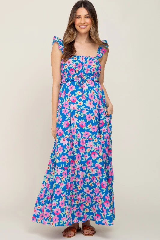 Women's maxi dress bare glow -Royal Blue Floral Square Neck Ruffle Tiered Maternity Maxi Dress