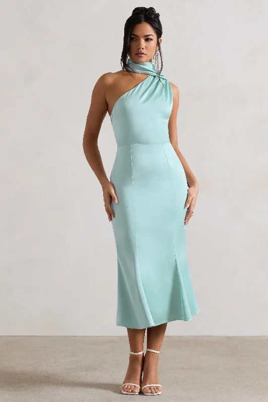 ladies-flared-dress-aqua-aura-Golden Girl | Mint Satin One Shoulder High-Neck Flared Midi Dress