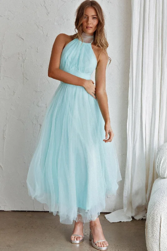 ladies-midi-dress-knee-high-kiss-Andria Halterneck Tulle Midi Dress Mint