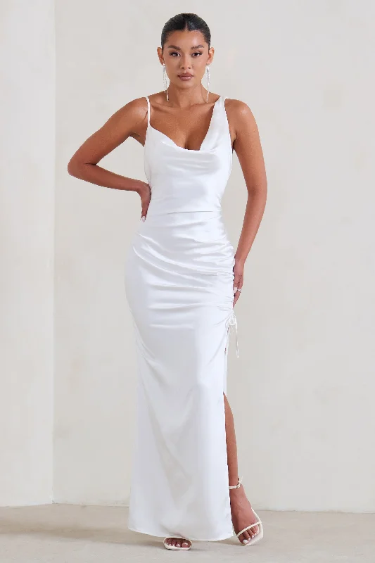 Women's maxi dress tidy pop -Belonging | White Ruched Cowl Maxi Dress