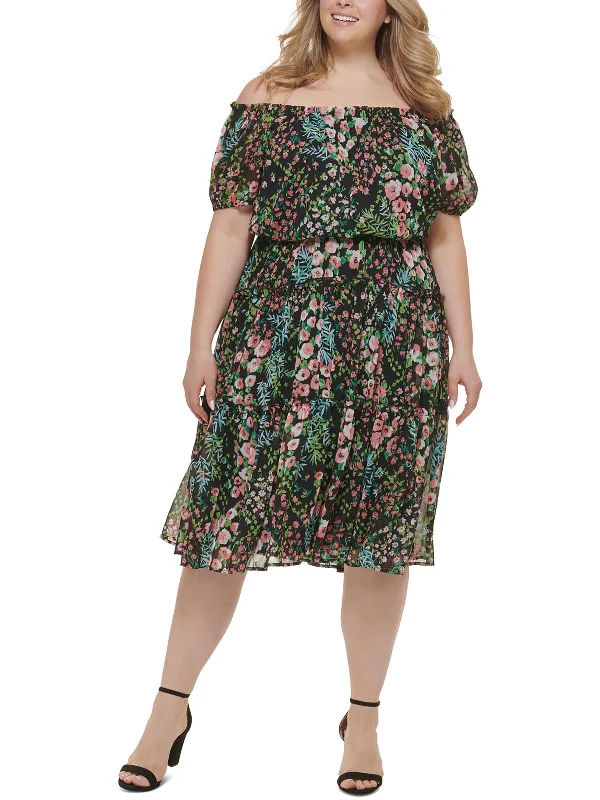 ladies-flared-dress-wide-hem-whimsy-Plus Womens Floral Off The Shoulder Fit & Flare Dress