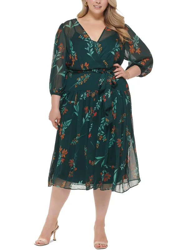 ladies-flared-dress-edgy-ember-Plus Womens Chiffon Floral Fit & Flare Dress