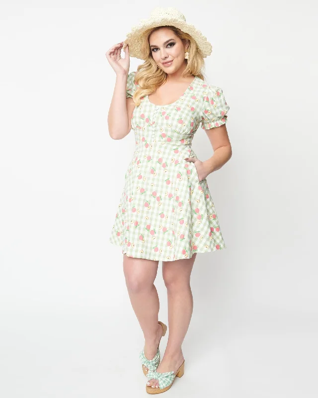 ladies-flared-dress-forest-fable-Unique Vintage 1940s Light Green Gingham & Peaches Flare Dress | Green, Gingham