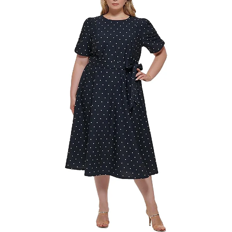 ladies-flared-dress-embroidered-essence-Plus Womens Polka Dot Belted Fit & Flare Dress