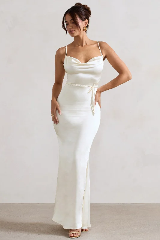 Women's maxi dress haze glow -Lifetime | Ivory Satin Cowl Neck Maxi Dress With Cross Back Detail