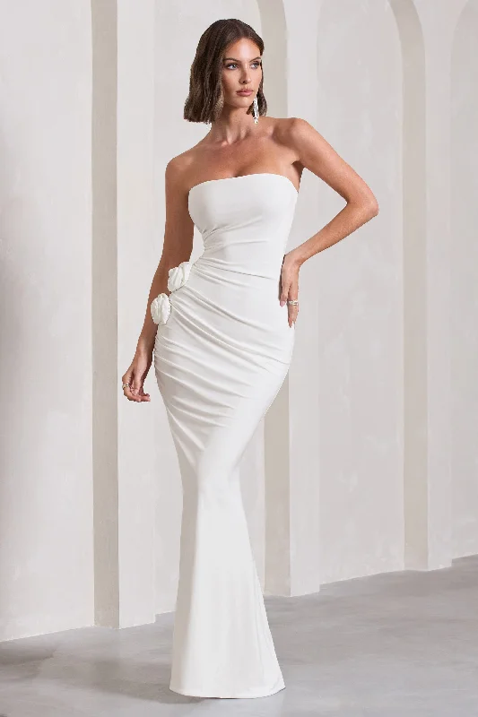 Women's maxi dress lone flair -My Muse | White Ruched Bandeau Split Maxi Dress With Flowers