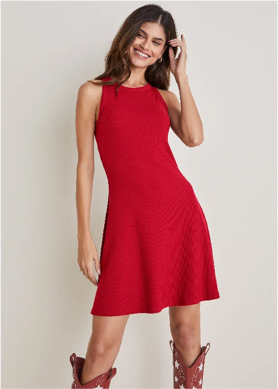 ladies-flared-dress-gold-glow-Flexrib Fit And Flare Dress - Red