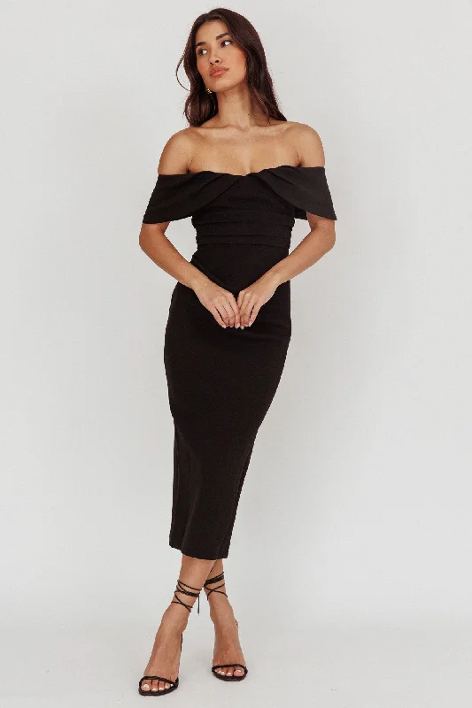 ladies-midi-dress-sale-sweep-Lillianne Off-Shoulder Midi Dress Black