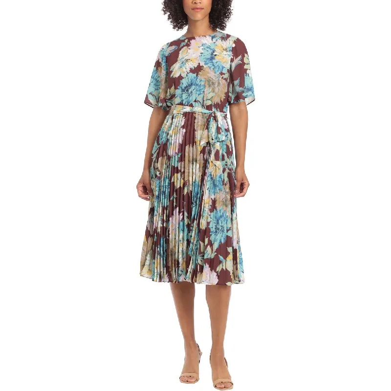 ladies-flared-dress-zip-front-zest-Womens Floral Print Belted Fit & Flare Dress