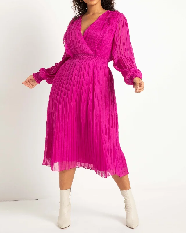 Ella Pleated Power Midi Dress | Magenta