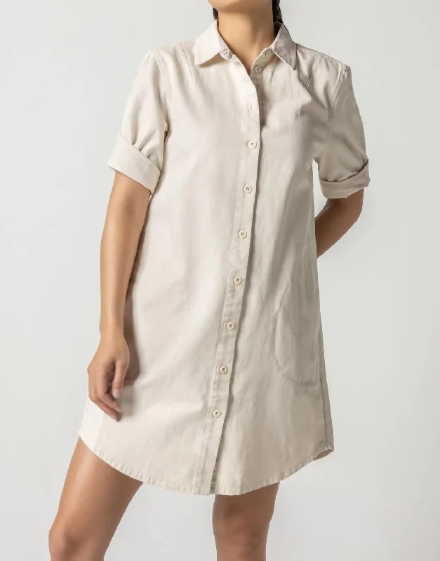 Women's shirt dress pull chic -Canvas Woven Cuff Sleeve Shirt Dress In Natural