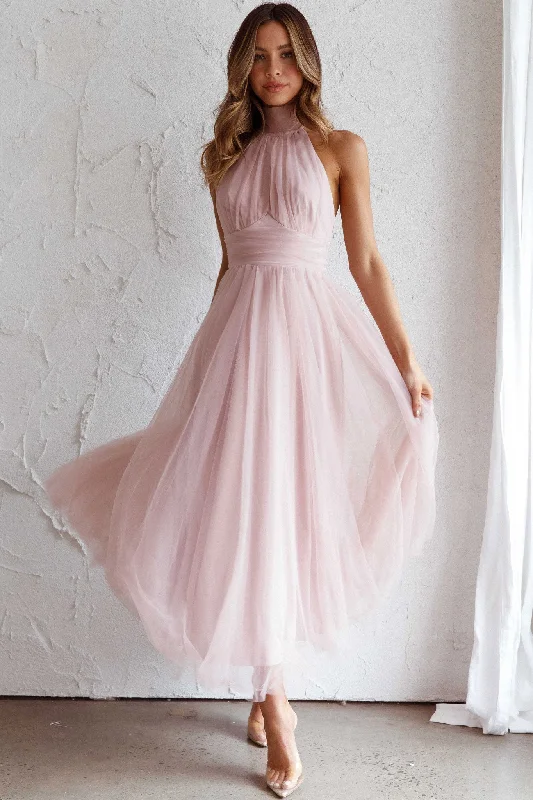 ladies-midi-dress-timeless-tide-Andria Halterneck Tulle Midi Dress Blush