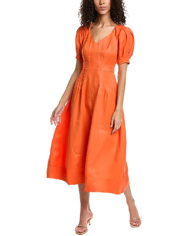 ladies-flared-dress-caramel-charm-Ted Baker Fit & Flare Puff Sleeve Linen-Blend Midi Dress