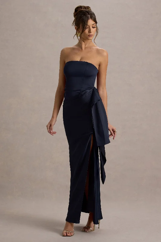 Women's maxi dress fun glow -Loz | Navy Satin Bandeau Draped Maxi Dress