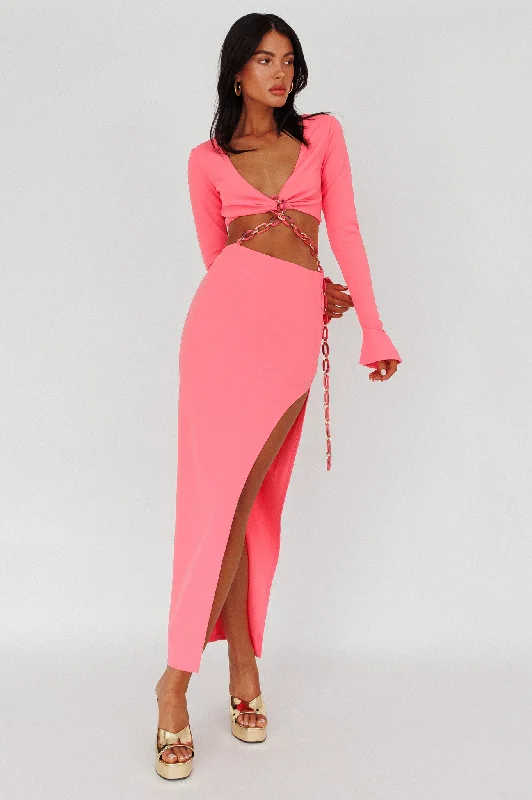 ladies-midi-dress-plunge-poise-Sigournie Long Sleeve Chain Midi Dress Pink