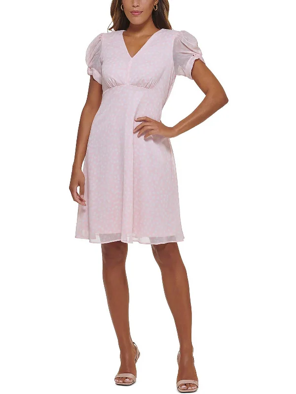 ladies-flared-dress-lightweight-lift-Womens Puff Sleeve Knee-Length Fit & Flare Dress