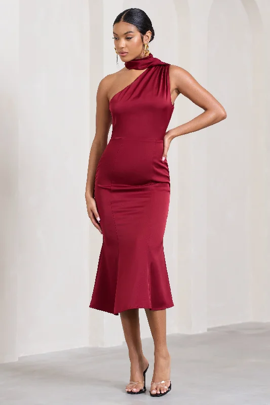 ladies-flared-dress-color-charm-Golden Girl | Burgundy Satin One Shoulder High-Neck Flared Midi Dress