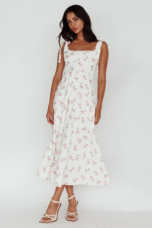 ladies-midi-dress-fitted-fawn-Mathilda Tied Shoulder Midi Dress Pink Floral