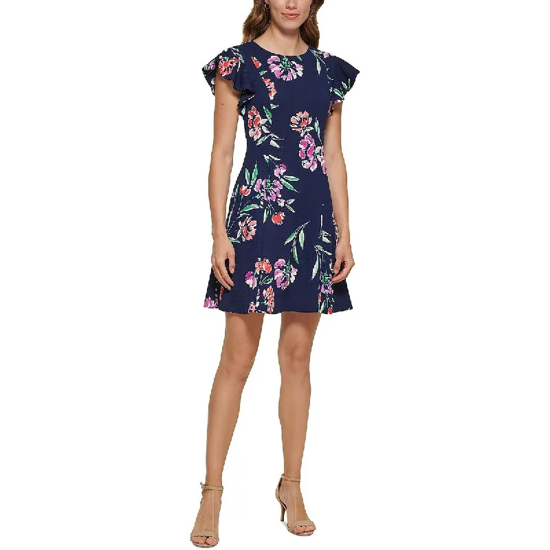 ladies-flared-dress-silk-sweep-Petites Womens Floral Pockets Fit & Flare Dress