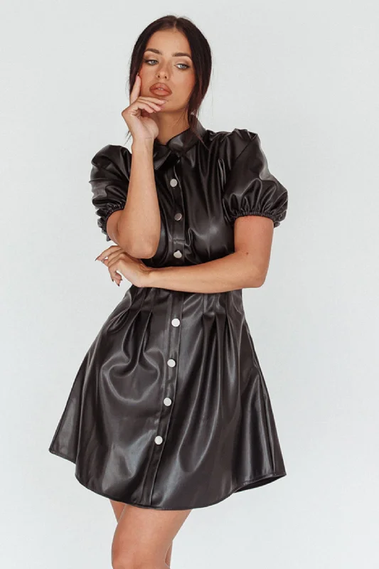 Women's shirt dress spry glow -Zurich Pleated Waist Shirt Dress Faux Leather Black