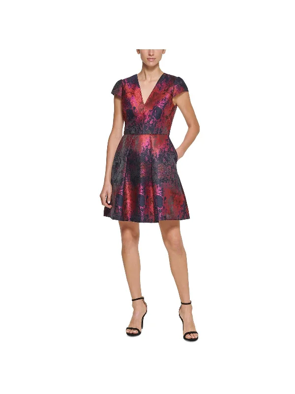 ladies-flared-dress-trendy-twirl-Womens Jacquard V-Neck Fit & Flare Dress