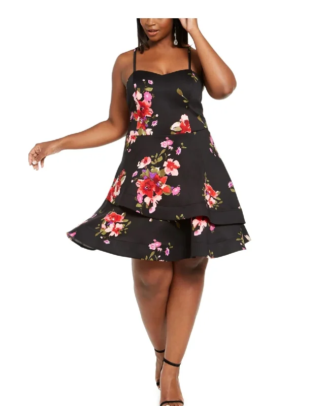 ladies-flared-dress-eco-essence-Sequin Hearts Women's Trendy Plus Size Floral Fit & Flare Dress Black Size 20 | Black