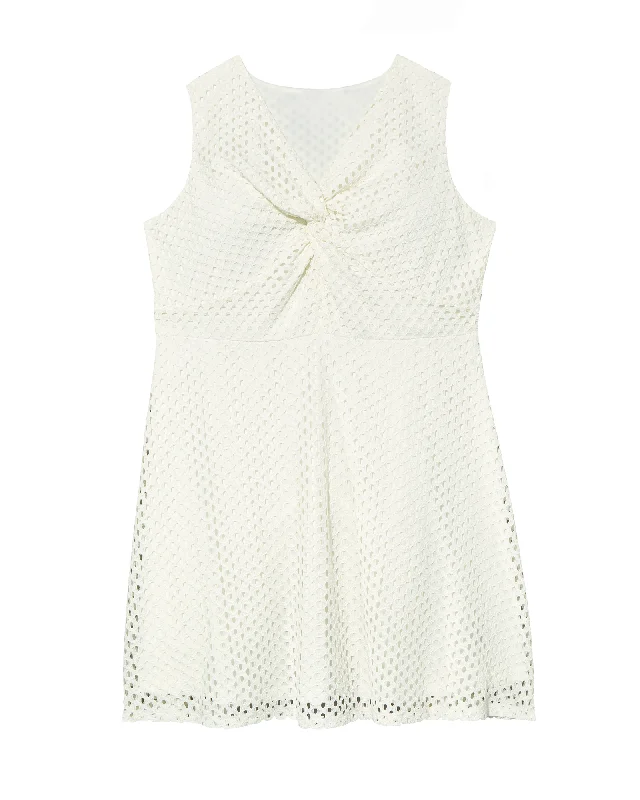 ladies-flared-dress-animal-allure-Charlotte Sleeveless V-Neck Eyelet Fit and Flare Dress with Knot | White