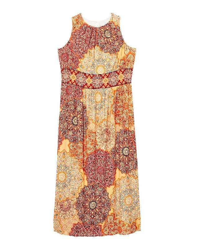 Women's maxi dress smooth flair -Calista Pleated Neck Maxi Dress | Orange / Brown