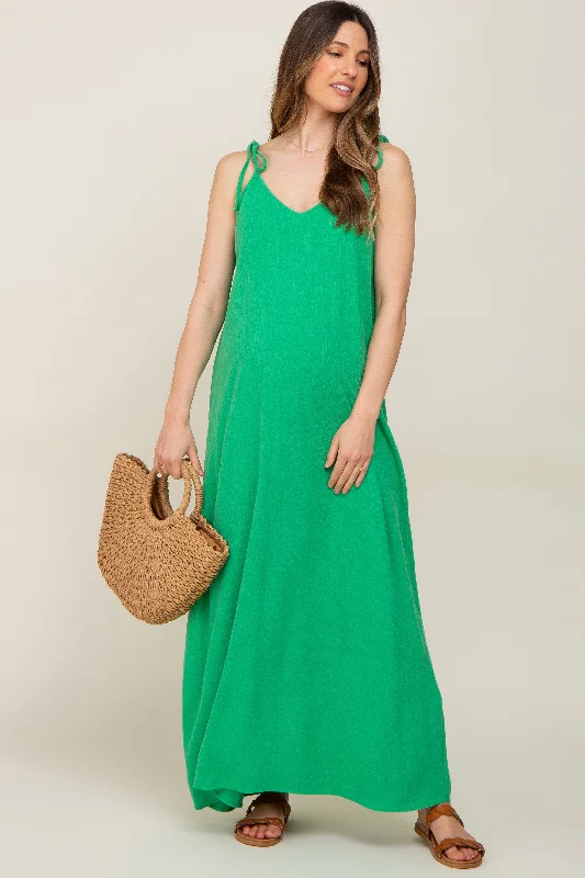 Women's maxi dress sleek pop -Green Linen V-Neck Tie Strap Maternity Maxi Dress