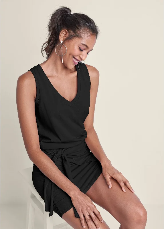 Women's mini dress hip glow -V-Neck Side Wrap Mini Dress - Black